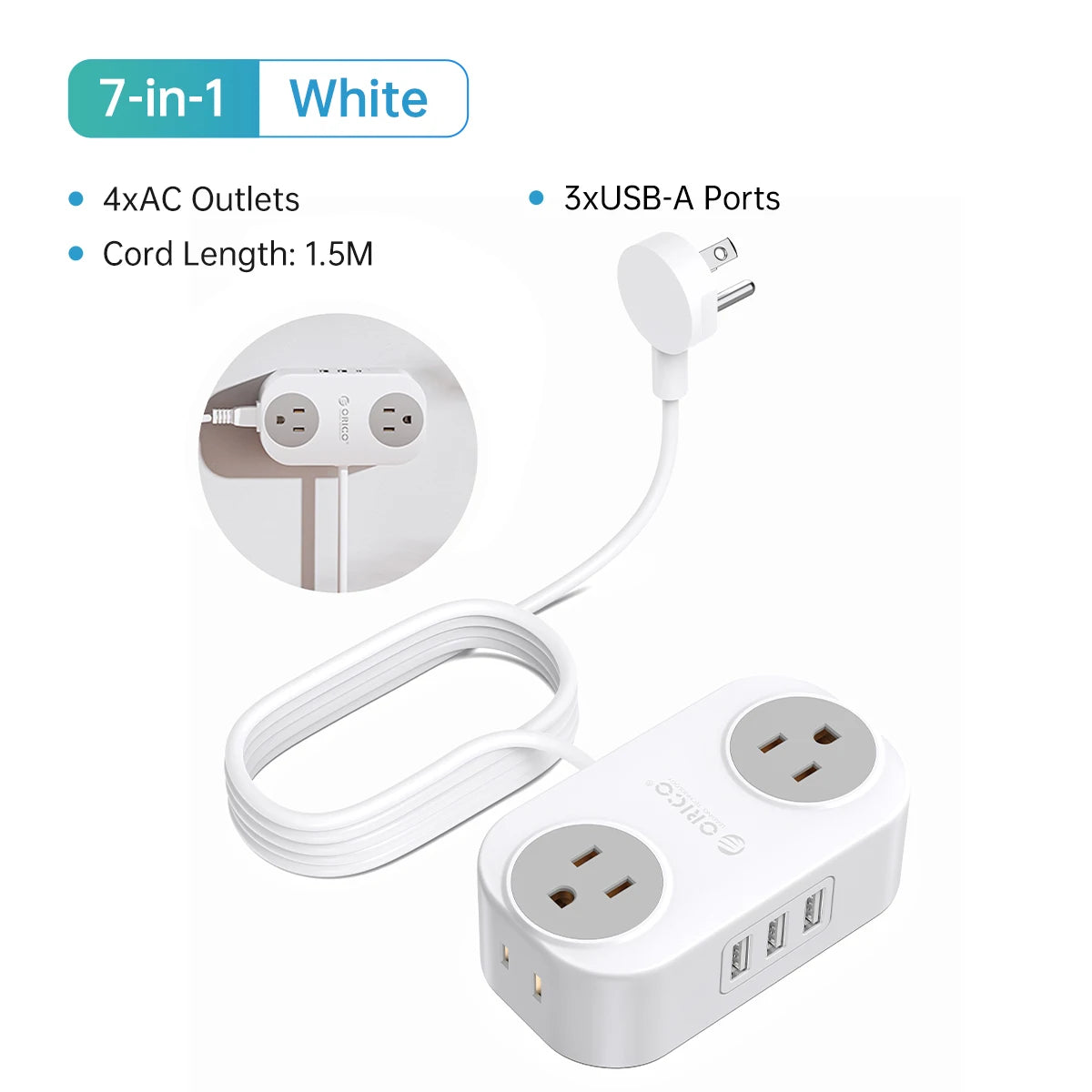 ORICO Travel Power Strip with USB C AC Outlets 3 USB Ports Wrapped Flat Plug Extension Cord with Multiple Outlets for Travel