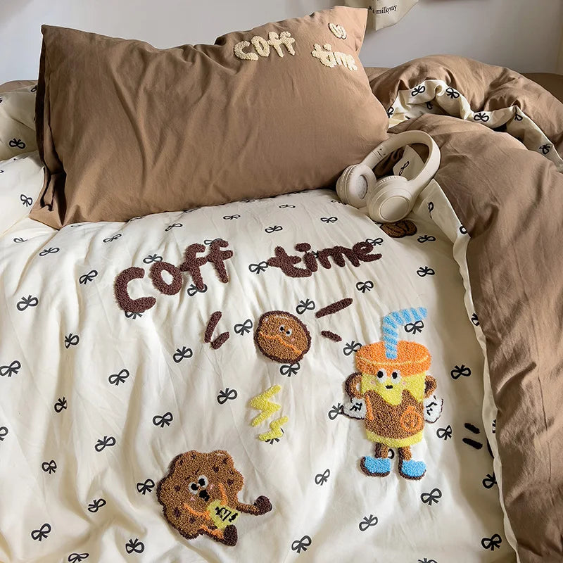 Cartoon Animal Embroidery Bedding Set For Adults Kids Cute Flat Fitted Sheet With Pillowcases Washed Cotton Colorful Full Size