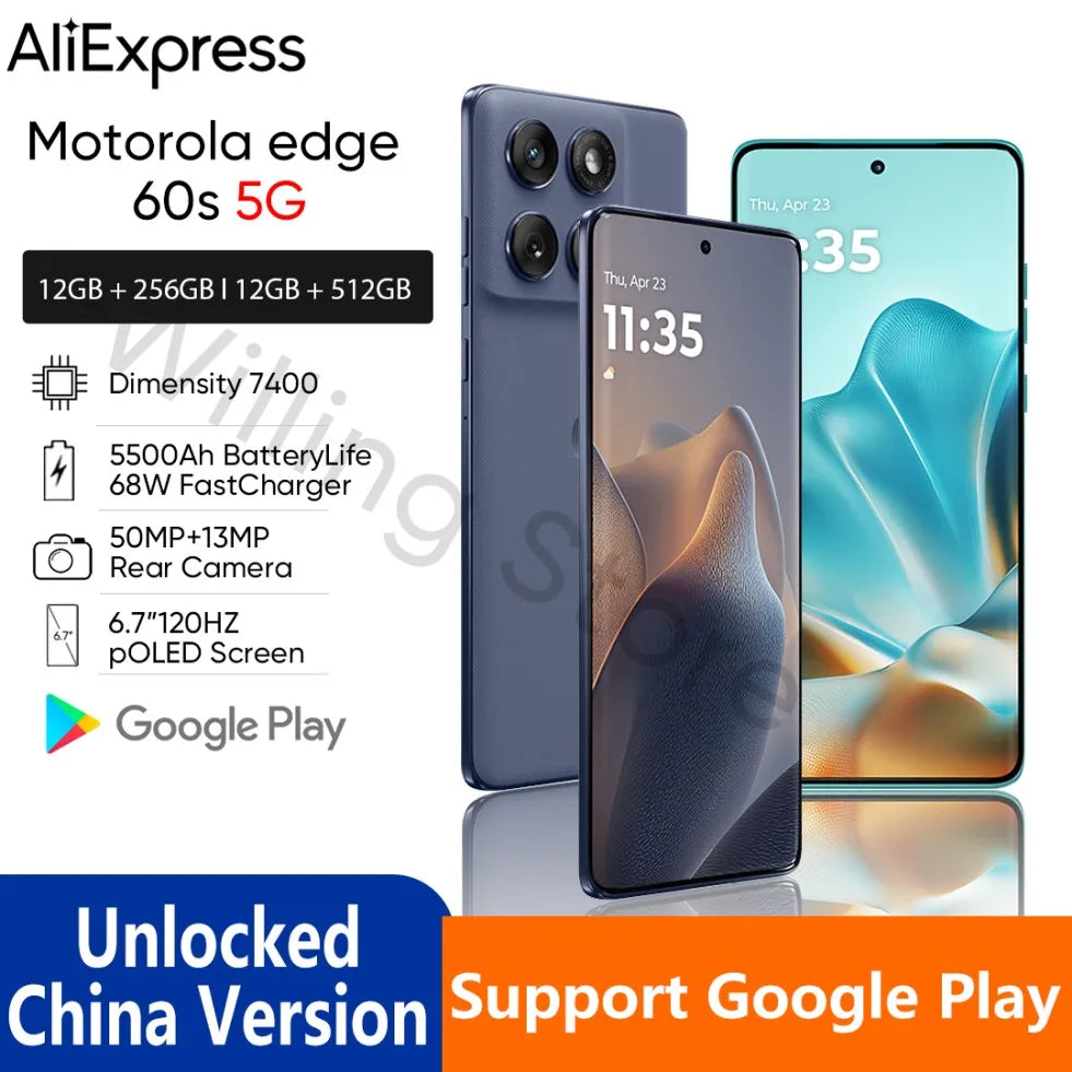 Motorola moto edge 60s 5G phone 50MP Imaging System MTK Dimensity7400 Mobile Phone 5500mAh Floating Quad Curved Body