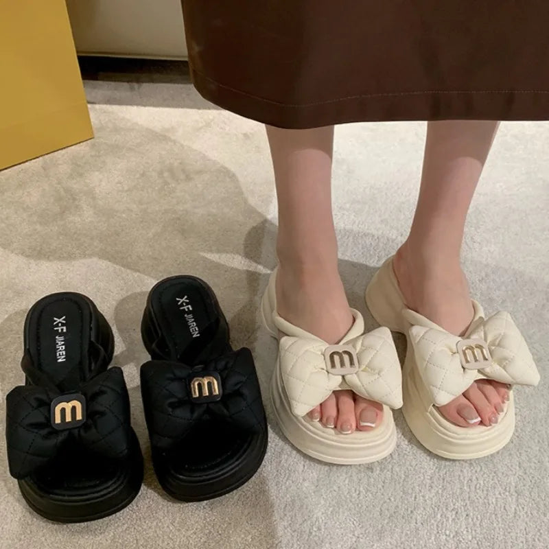 Summer Women's Slippers Designer Platform Slippers Fashion Bow One-Word Slipper 2025 New Casual Beach Slippers for Women Slides