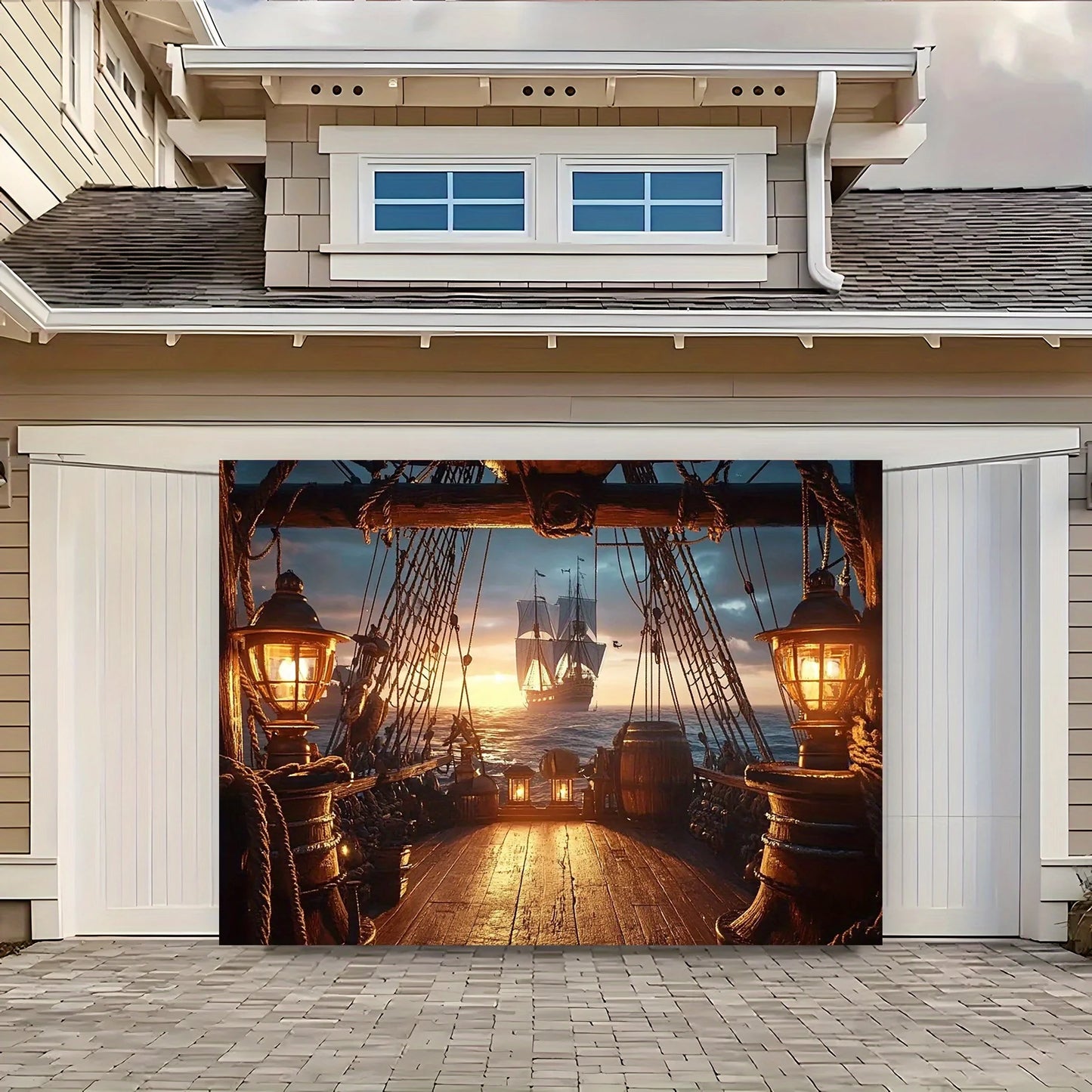 1 golden dusk pirate ship sailing scene background cloth, retro-style party banner, outdoor decoration