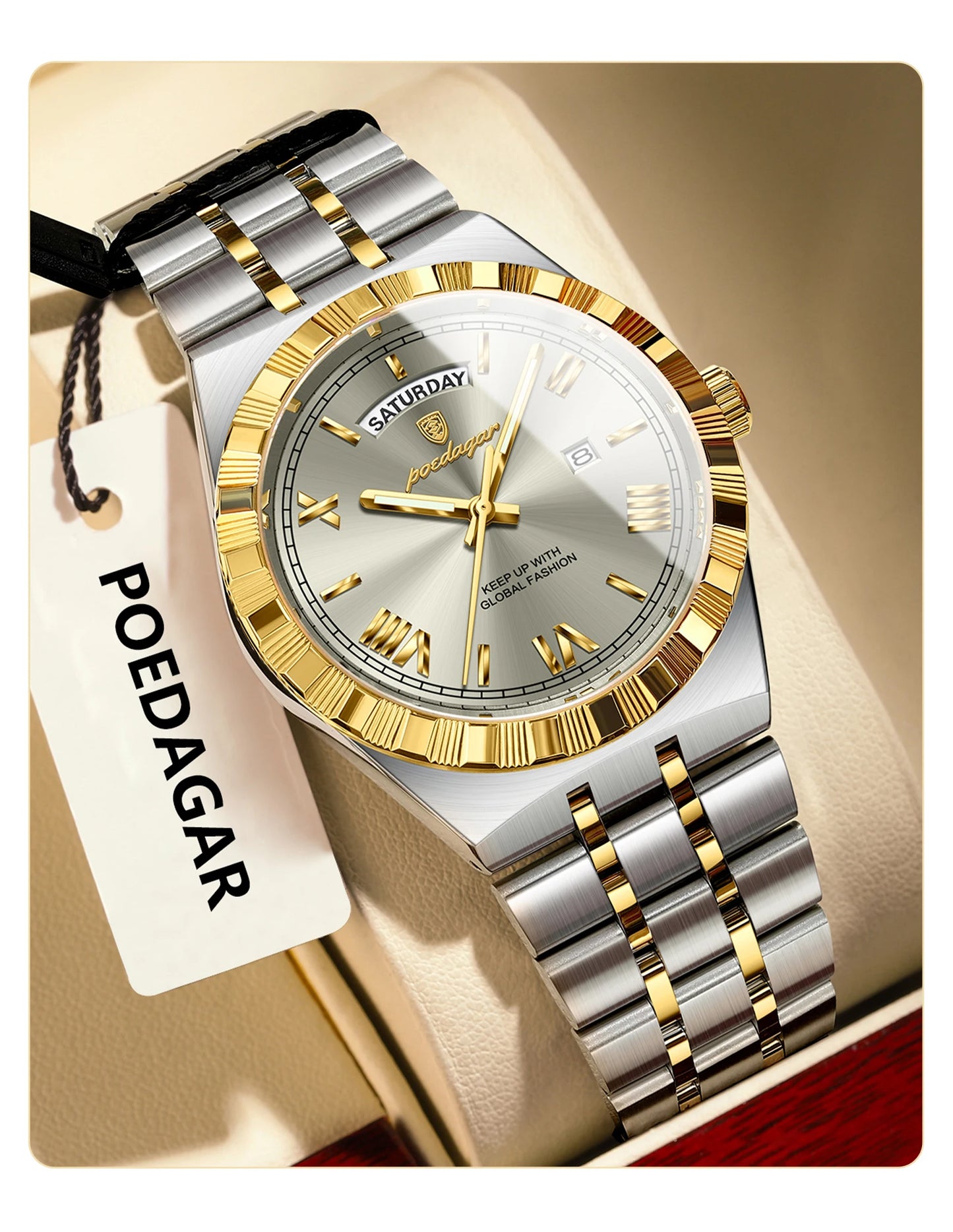 POEDAGAR Original Male Watch Luminous Waterproof Week Date Men Wristwatch Stainless Steel Business Quartz Men's Watches Gift+Box