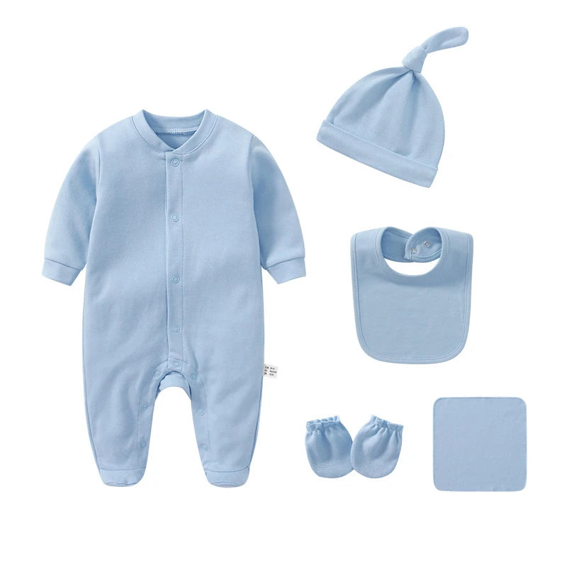 Unisex 5Pcs Newborn Baby Long Sleeve Cute Cotton Romper Jumper + Hats + Mittens+ Bib+Towel Infant Clothes Set