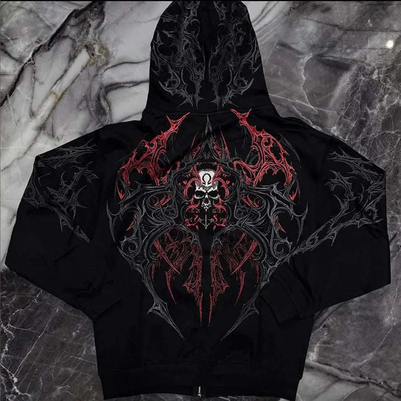 Men Gothic Skull Thorn Graphic Full Zip Up Hoodie Fleece Lined Long Sleeve Winter Punk Goth Streetwear Oversized Sweatshirt