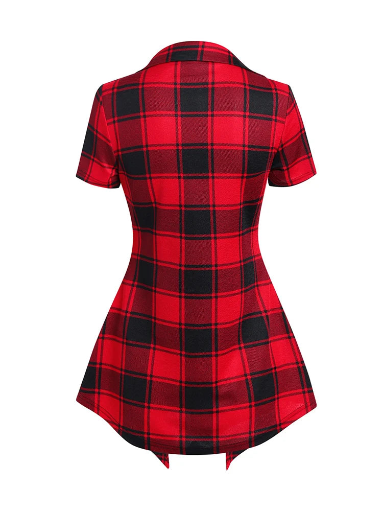 Vintage Plaid Print Crisscross Pointed Hem Faux Twinset T Shirt Women Fashion Casual Retro Combo Twofer 2 In 1 Tees