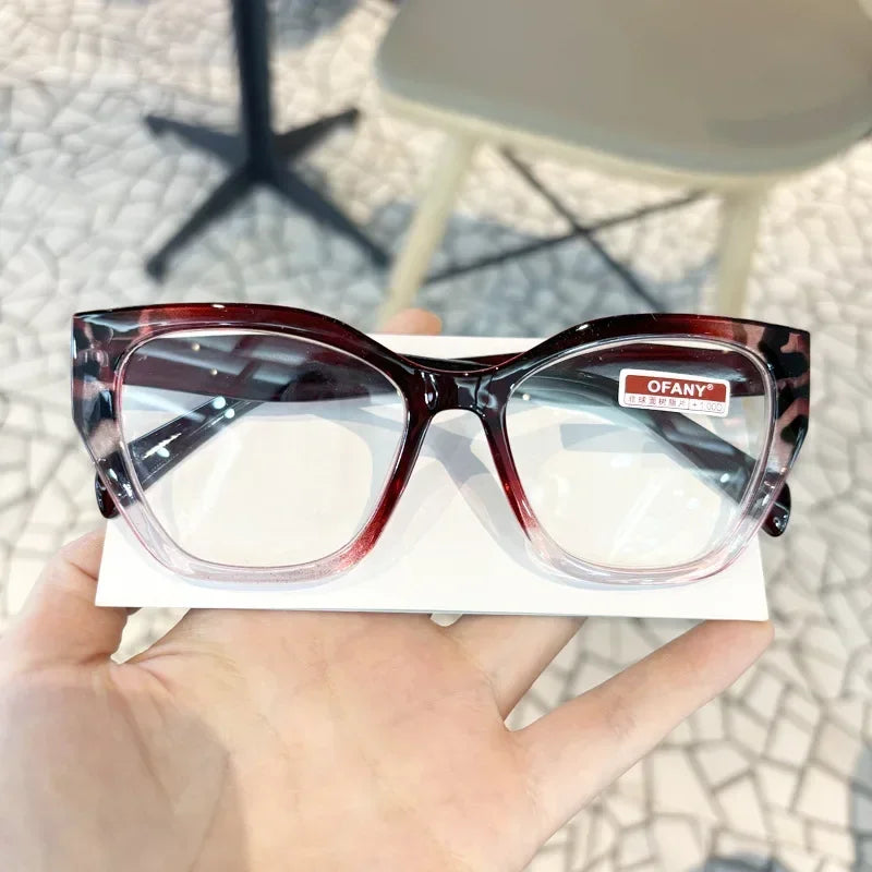 Women's Fashion Glasses Anti-Blue Light Trendy Luxury Large Frame Cat Eye Presbyopia Glasses Full Frame Premium Color Blocked
