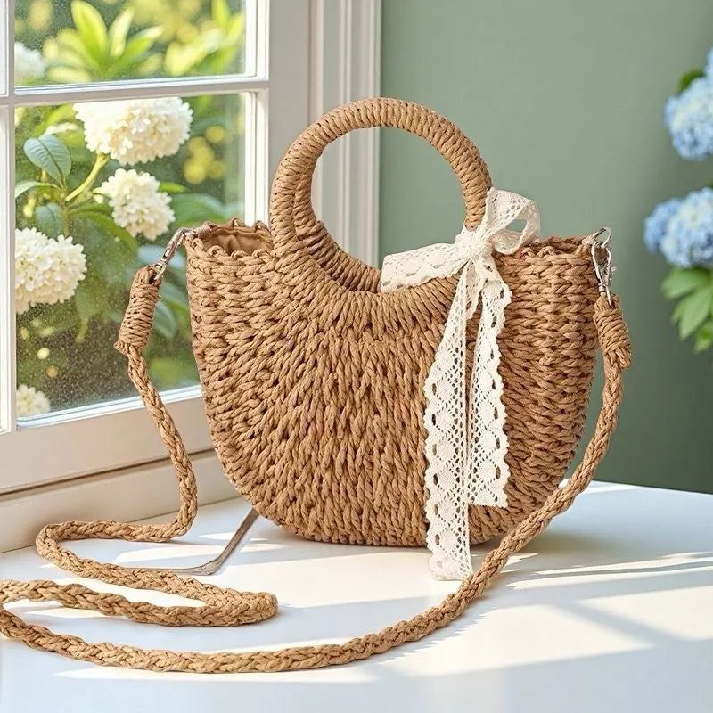 Hand Woven Straw Semicircle Tote Bag Large Capacity Handheld Crossbody 2-in-1 Beach Vacation Fashion Bag for Women