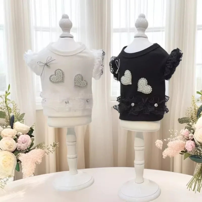 Pet Clothes For Small Dogs Cats, Puff Sleeve Lace Blouse Denim Skirt Cute Puppy Kitten Daily Outfit