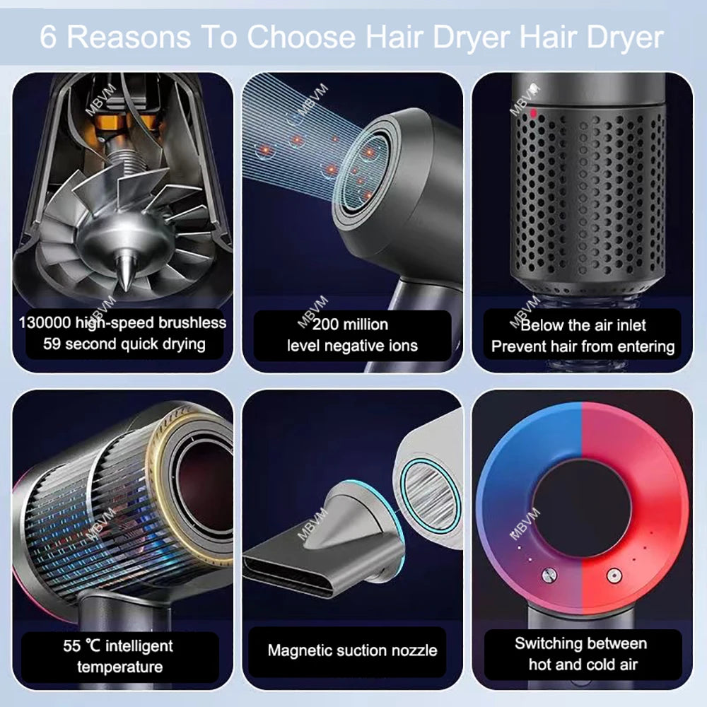 7 in 1 Professional Hair Dryer with Hot and Cold Air Functionality Negative lon Blow Quick Dry Leafless Salon Home Hairdryer ﻿