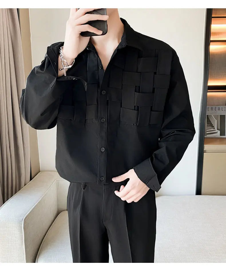Vintage Weaving Shirts For Men Long/Short Sleeve Lapel INS Trend Tops Streetwear New Spring Summer Fashion Casual Loose Shirts