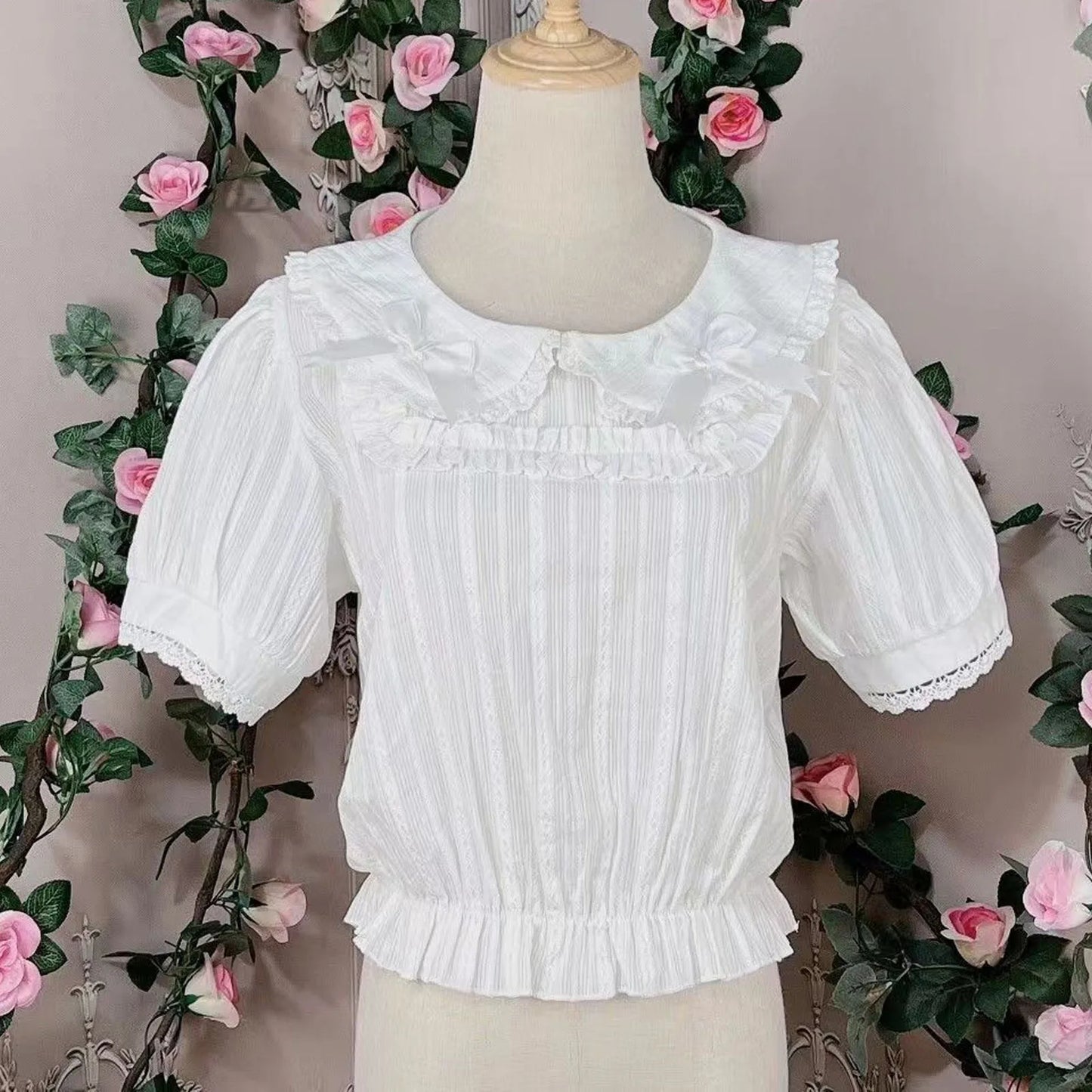 Spring Blouse Women Japanese Kawaii Cute Lace Patchwork Peter Pan Collar Shirt Vintage Sweet Embroidery Top Blusas