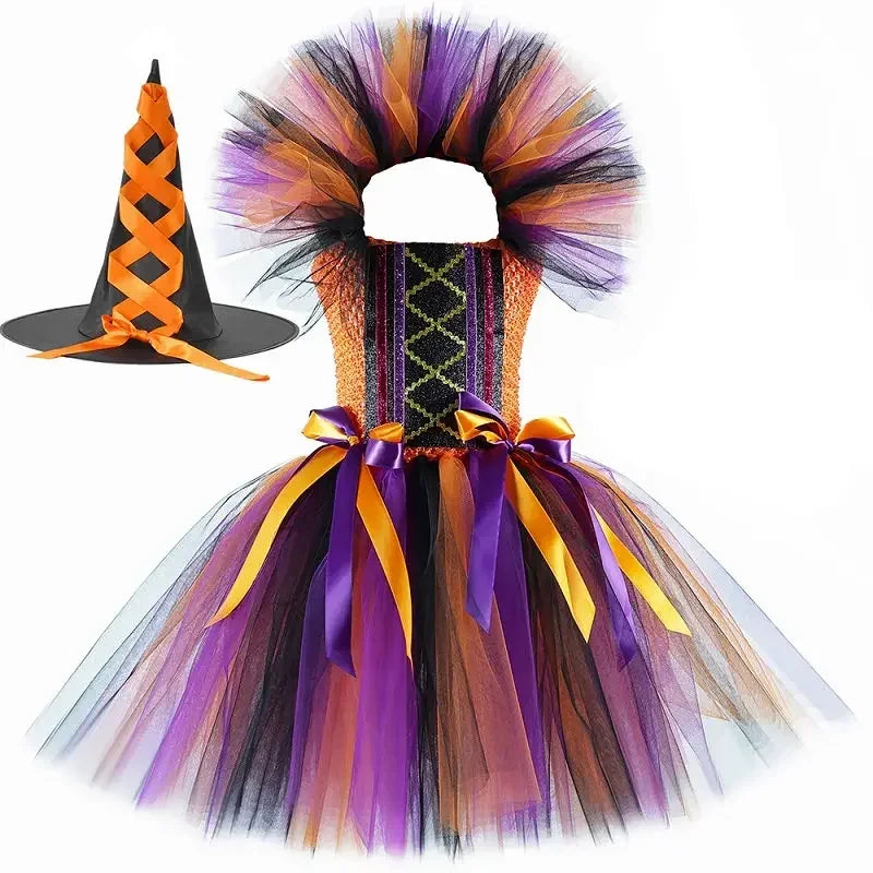 Halloween Witch Costume for Girls Fancy Tutu Dress Disguise Evil Witches Costumes Outfit Toddler Kids Purim Carnival Party Dress