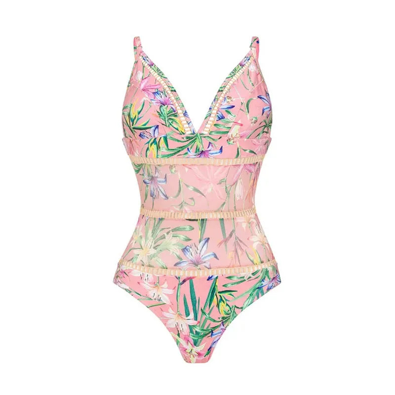 Women Swimwear Summer Floral Printed V-neck Swimsuit One-piece Bodysuit Bikini Set Beach Style Wear Maxi Dress Skirt Vacation