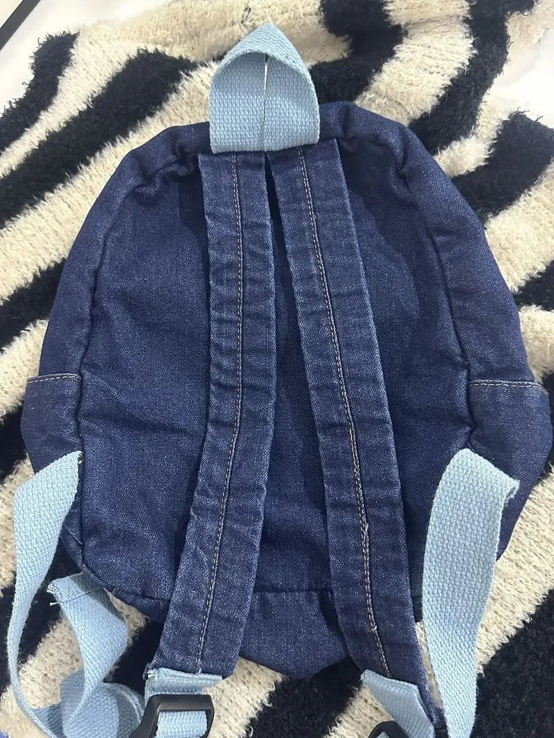 Fashion Small Denim Backpack Kawaii Cat School Bag Mini Cute Schoolbag Deep Blue Backpacks Aesthetic Japanese Preppy Book Bags