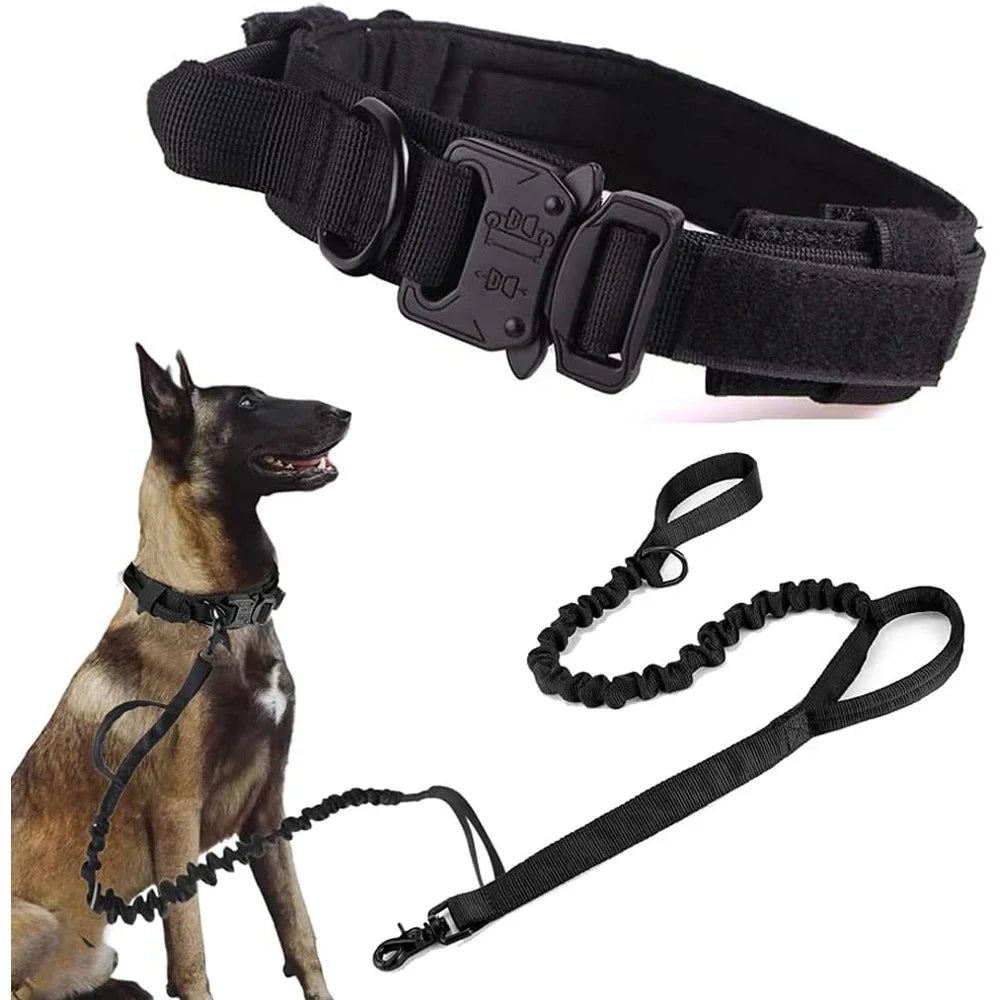 Tactical Dog Collar Training Set Heavy Duty Outdoor AntiPull Leash Metal Buckle Collar Reflective Stitching for Medium Large Dog
