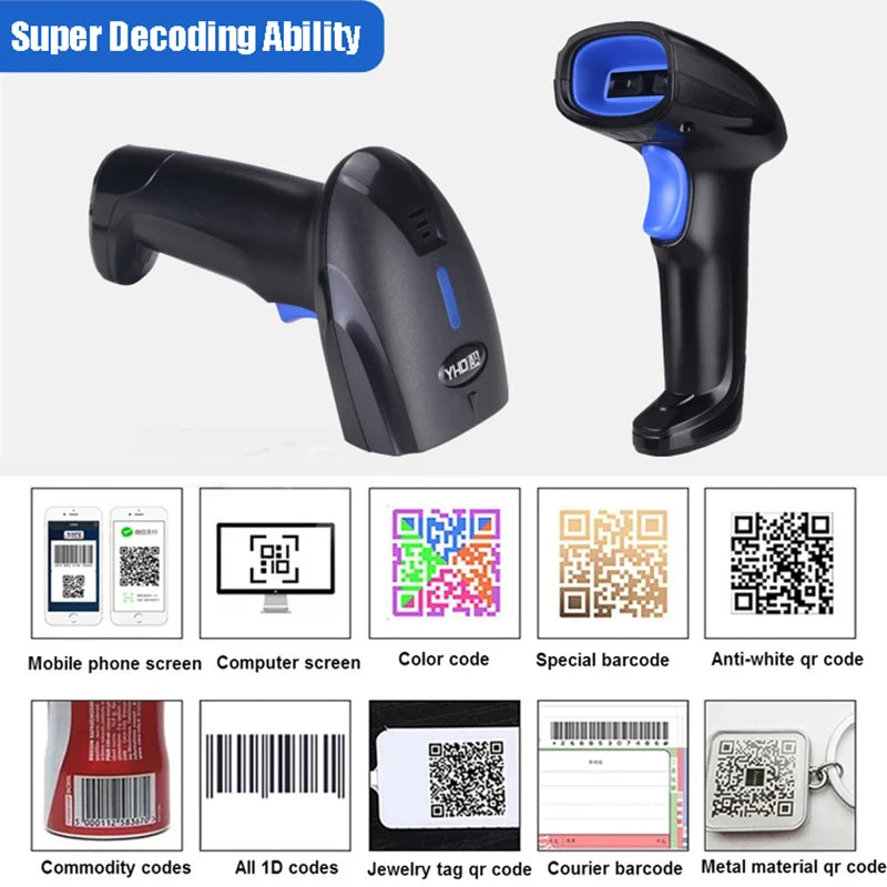 YHDAA Handheld Bluetooth Wireless 2D Barcode Scanner 1800mAh Support 20 Hours Continuous Scanning QR Code Reader