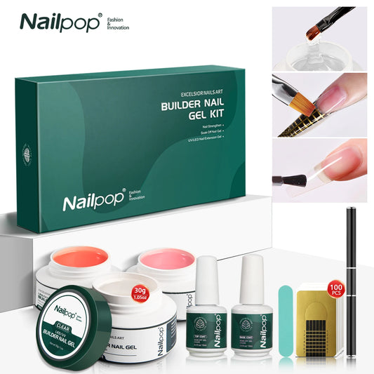 NAILPOP Builder Nail Gel Set 3 Basic Colors Nail Extension Kit Clear Nude Pink Strengthen Gel with Brush 100Pcs Nail Forms DIY