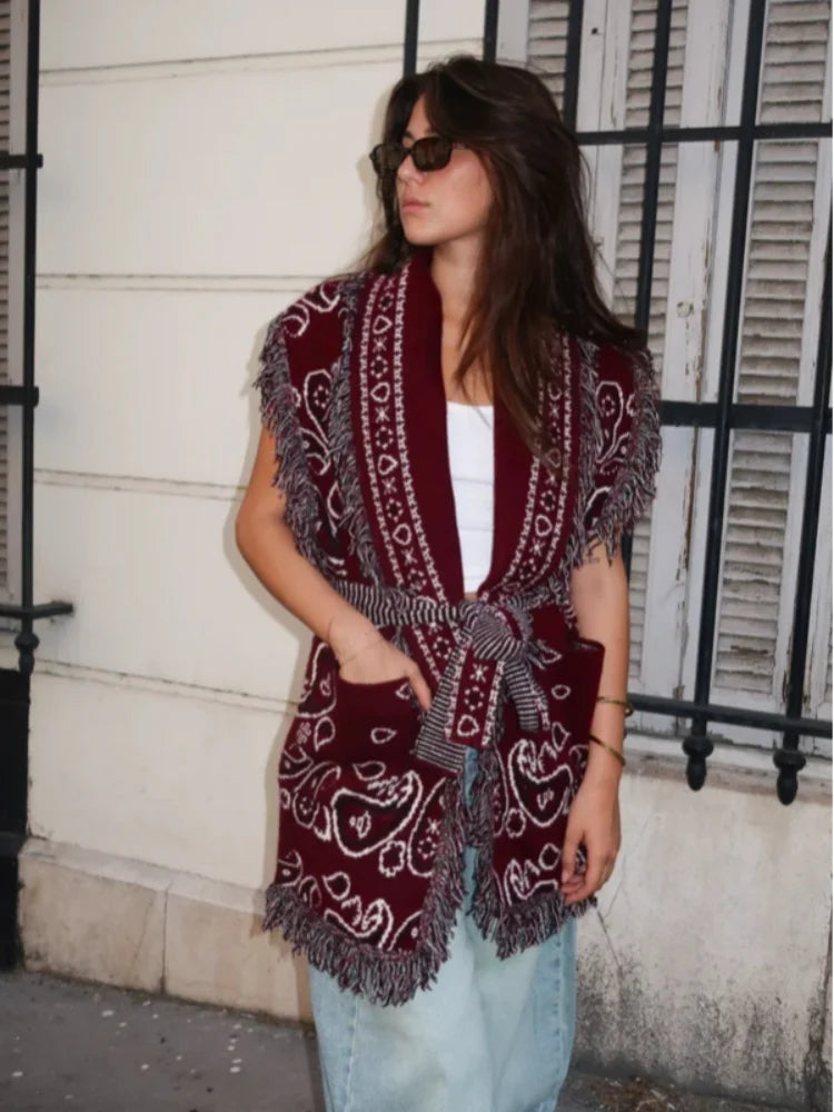 Women's Print Fringe Knitted Vest Coat Fashion Sleeveless Tie Waist Pocket Cardigan Sweater Lady 2025 Autumn Casual Outerwear