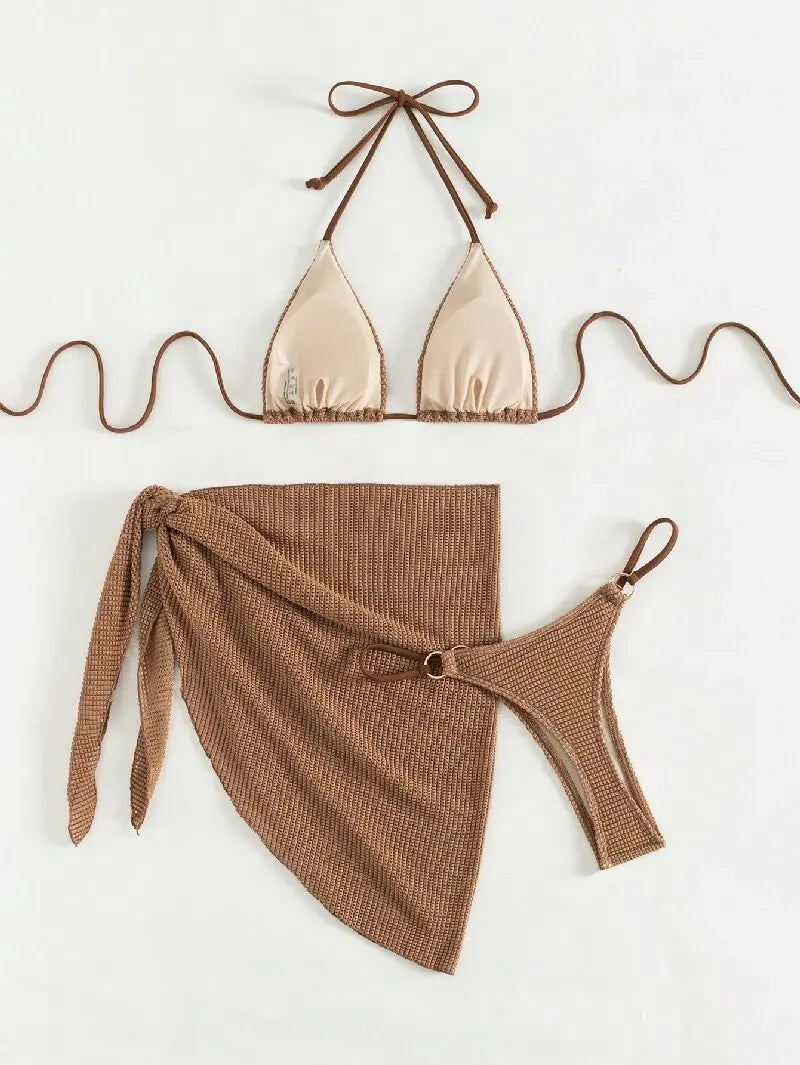 Sexy Brown Bikini Set 2026 Women Halter Push Up Bra Skirt 3 Piece Swimsuit Summer Bathing Suit Cover Up Thong Swimwear Biquini