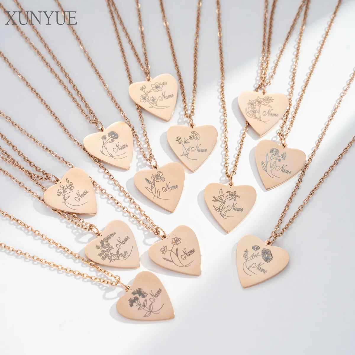 Customized  Heart Stainless Steel Necklace Creative DIY Engraving Name  Birthday Month Flower Pendant Personalized Accessories