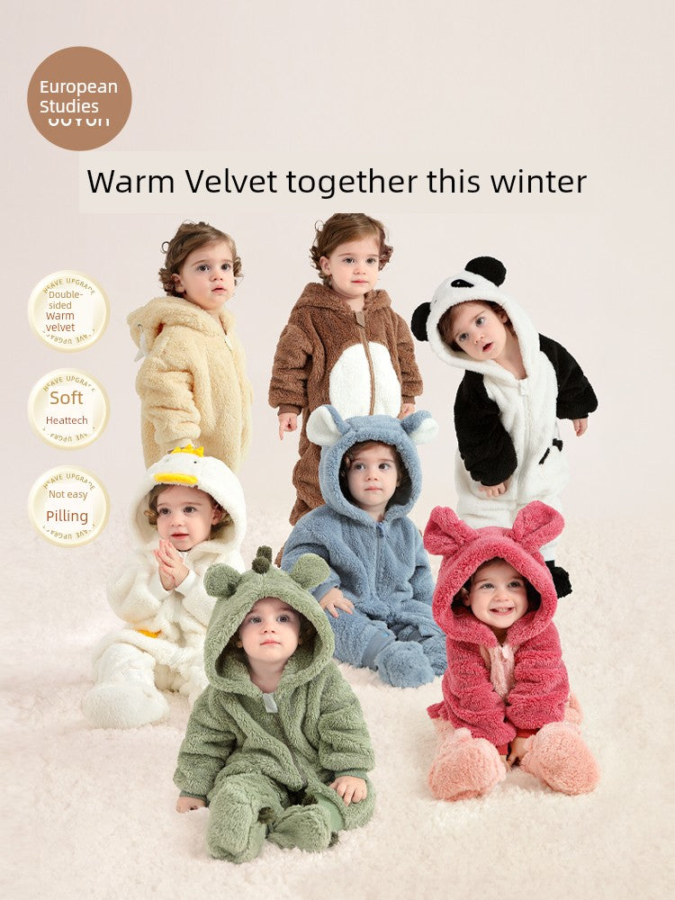 European Pregnant Woman and Baby Autumn and Winter Clothes Baby Going out Cotton-Padded Clothes Thickened Warm Jumpsuit Cute Double-Sided Velvet Outwear Romper