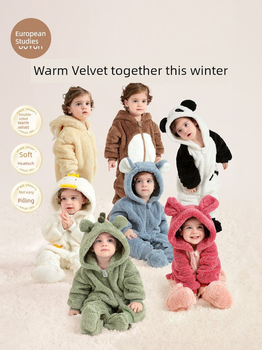 European Pregnant Woman and Baby Autumn and Winter Clothes Baby Going out Cotton-Padded Clothes Thickened Warm Jumpsuit Cute Double-Sided Velvet Outwear Romper