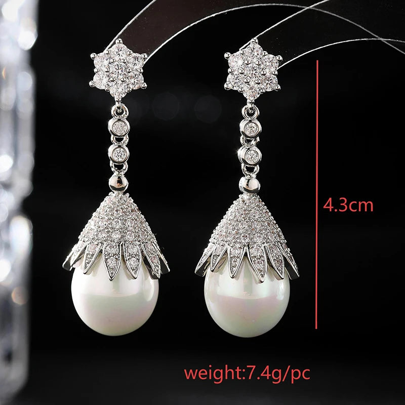 SENYU Luxury Emerald Color Water Drop Shell Pearl Drop Earrings Shiny Women Zircon Earrings for Wedding Brides Jewelry Gifts