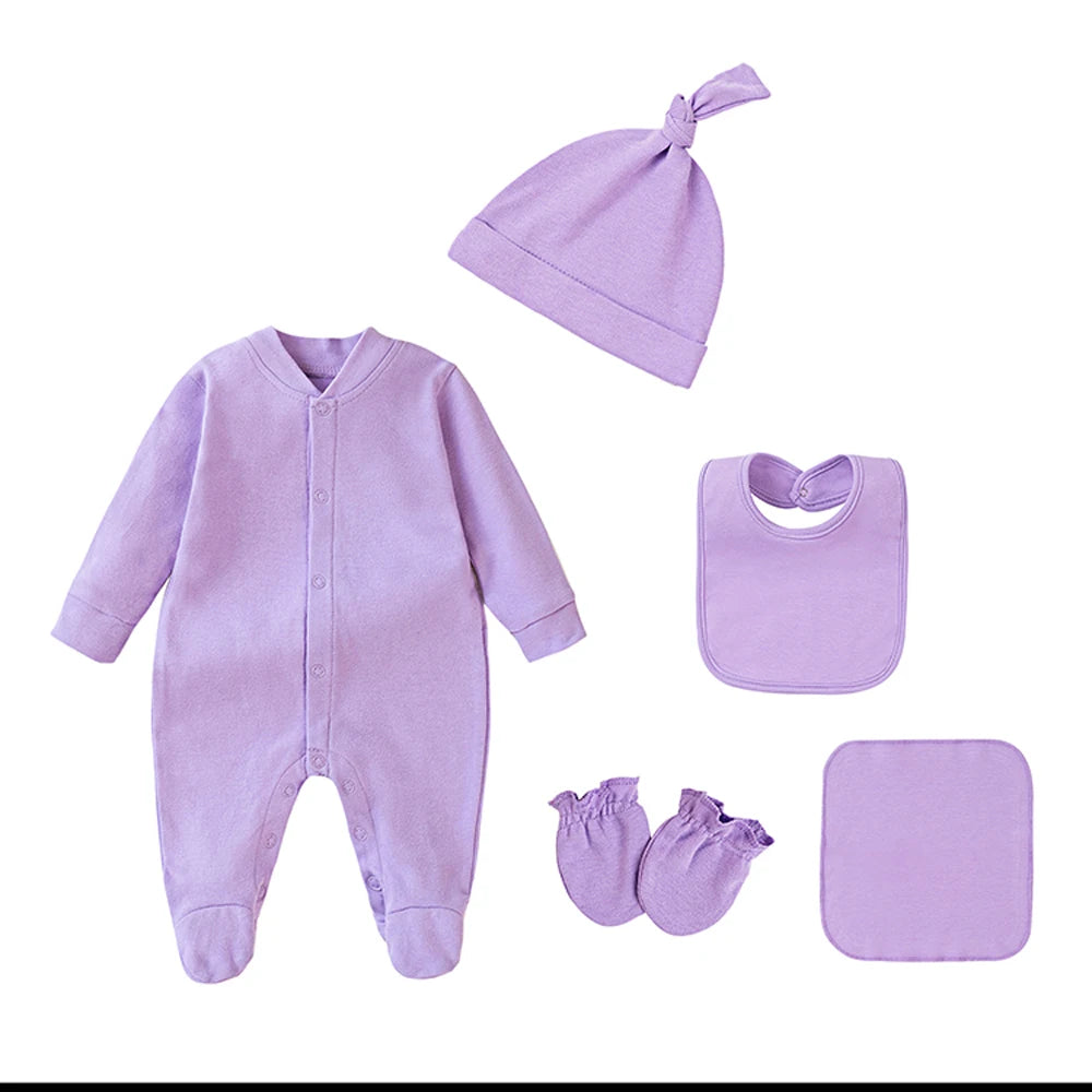 100% Cotton Newborn Baby Sets Hospital Baby Girl Clothes Set Pink Long Sleeve Footed Romper+Hat+Drool Bib+Glove Outfits Gift Box
