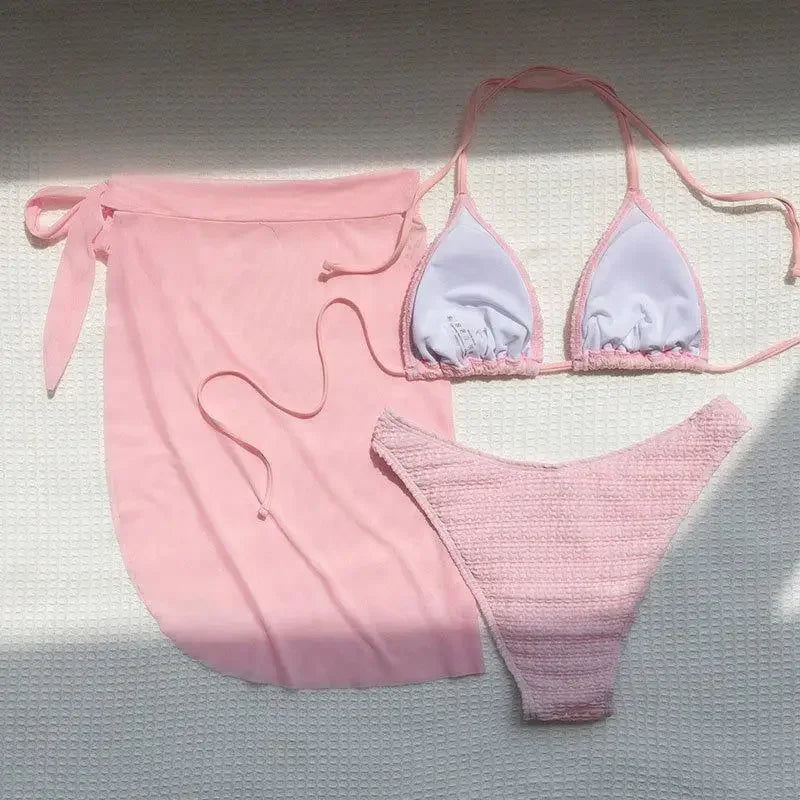 Pink Solid Color 3-piece Swimsuit Women 2026 Summer Beach Skirt Bikini V-neck Halter Backless Bathing Suit Summer Beach Swimwear
