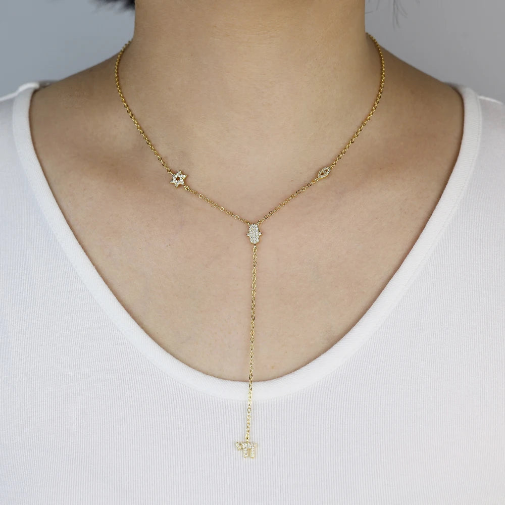 Lucky Cute CZ Star Eye Hand Chai Charm Lariat Y Necklace Amulet Judaism Sign of Life Gold Color Women Jewelry