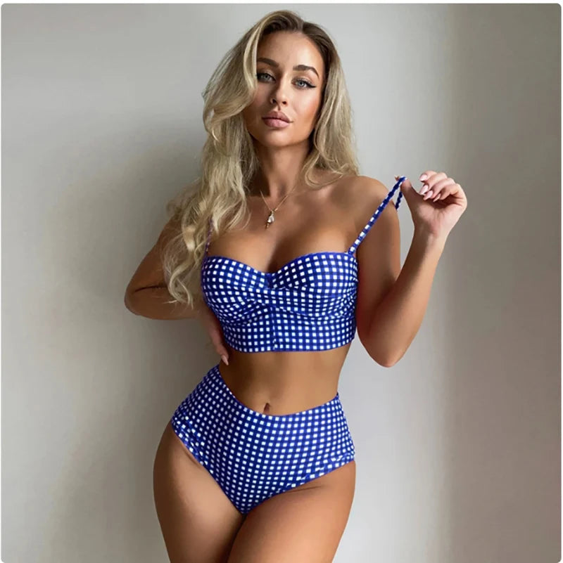 2025 New Two-piece Bikini Set Women Plaid Swimsuit Sling Backless Swimwear Tight Gathered Beachwear Brazilian Bathing Suit