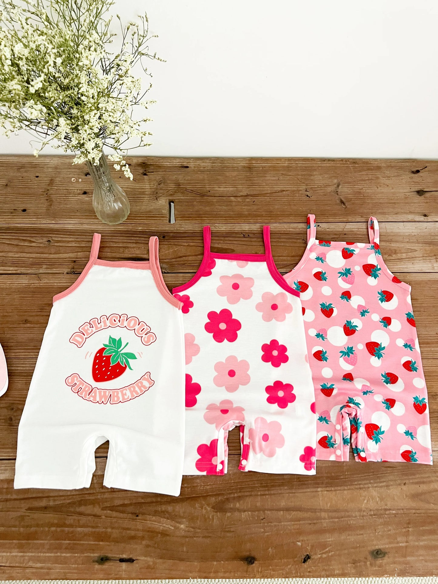 Summer  0-1 Years  Old  Infant  Baby  Girls  Fruit  Print  Camisole  Jumpsuit  3-Piece  Set , Suitable  For  Daily  Wear