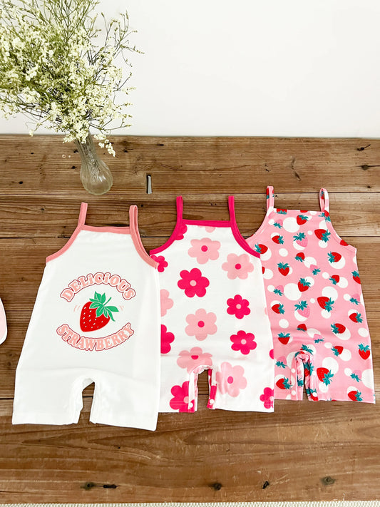 Summer  0-1 Years  Old  Infant  Baby  Girls  Fruit  Print  Camisole  Jumpsuit  3-Piece  Set , Suitable  For  Daily  Wear