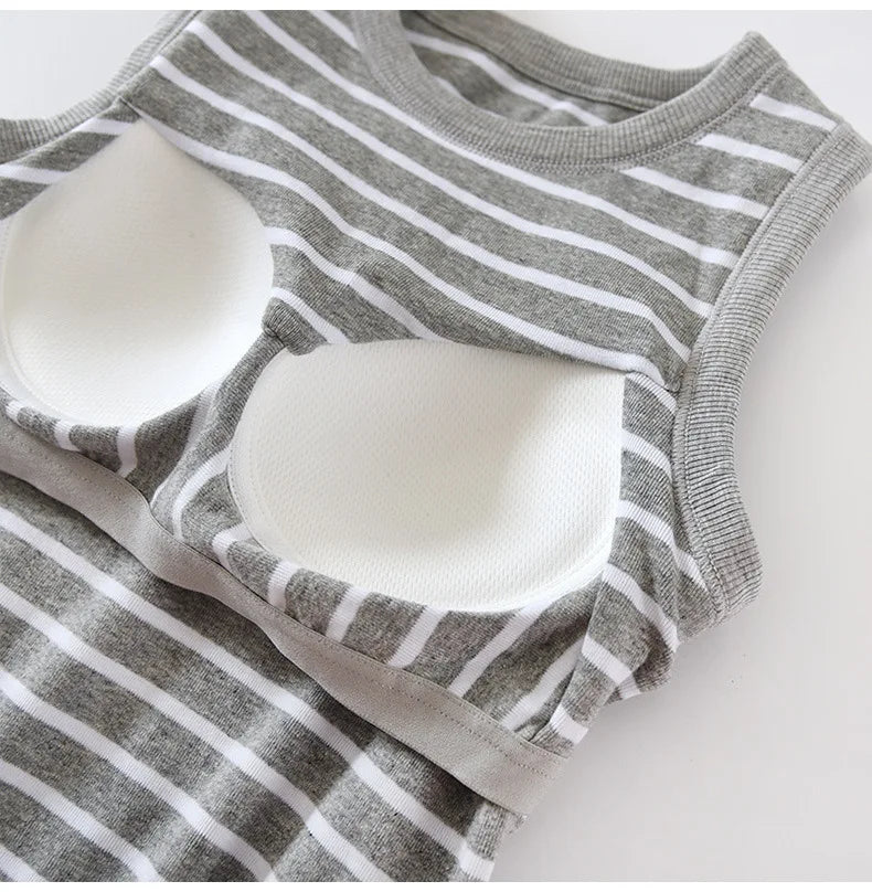 One Piece Pajamas Tops For Women New Fashion Striped Sleeveless Summer Sleepwear Shirt Slim Cotton Chest Pad Sleep T-Shirts