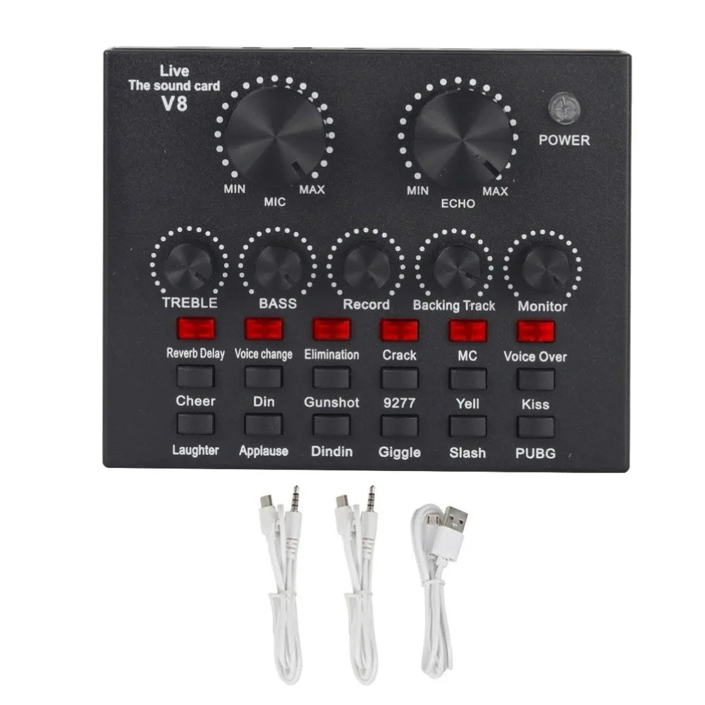 Audio Mixer V8 Sound Card Karaoke Recording Studio Record Mic Sound Card Black White External Sound Card Mobile Record