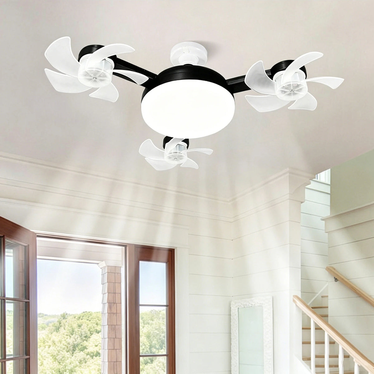 E27 Dimmable LED Socket Drone Fan Light with RC & Extension Rod 2 In 1 Hanging Fans 3-Speed for Bedroom Kitchen Working Space
