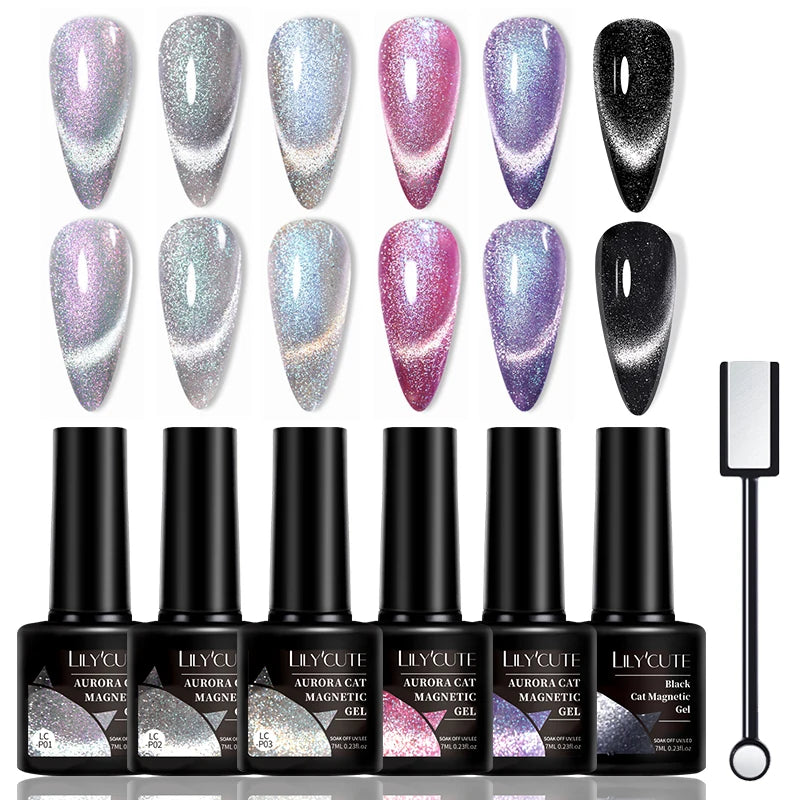 LILYCUTE 7Pcs/Set Cat Magnetic Gel Nail Polish Sparking Semi-Transparent Blue Purple Effect Soak Off UV Gel Varnish Nail Art Kit