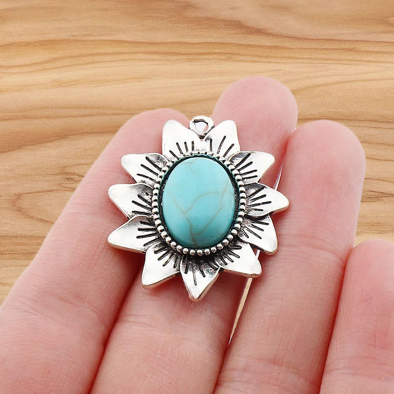 4 Pieces Tibetan Silver Color & Turquoise Crystal Hollow Charms Pendants For DIY Necklace Jewelry Making Accessories