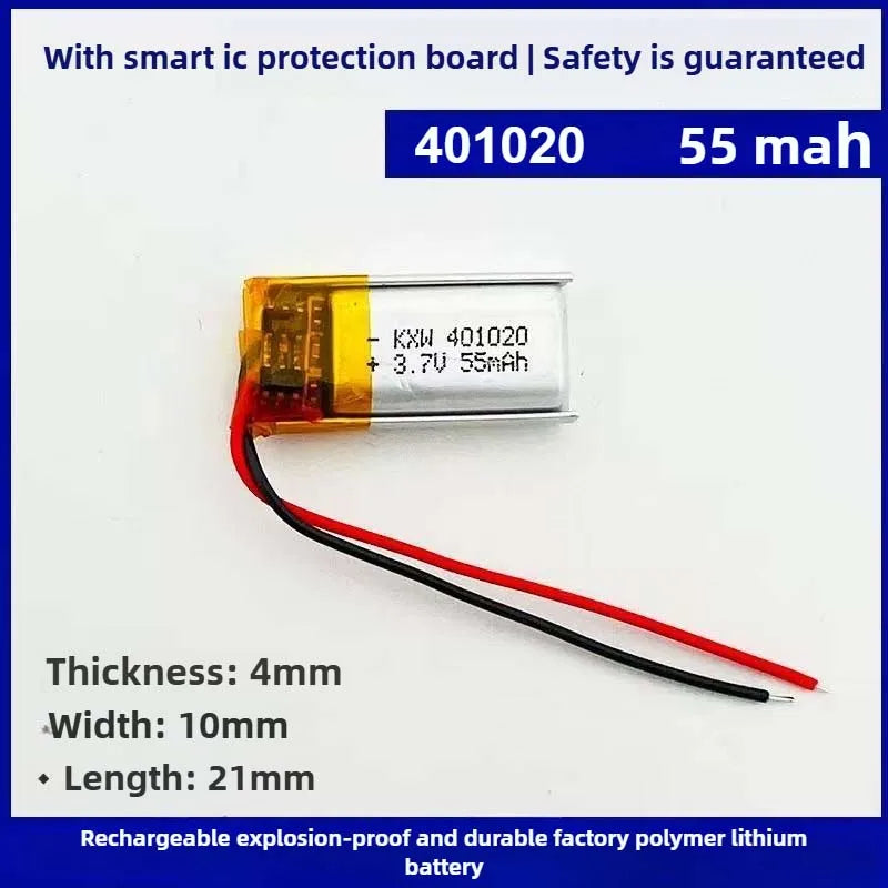 Mini 401020 3.7V 55mAh Rechargeable Li-Polymer Battery for Watches, Bluetooth Headphones Beauty Devices Small Electronic Devices