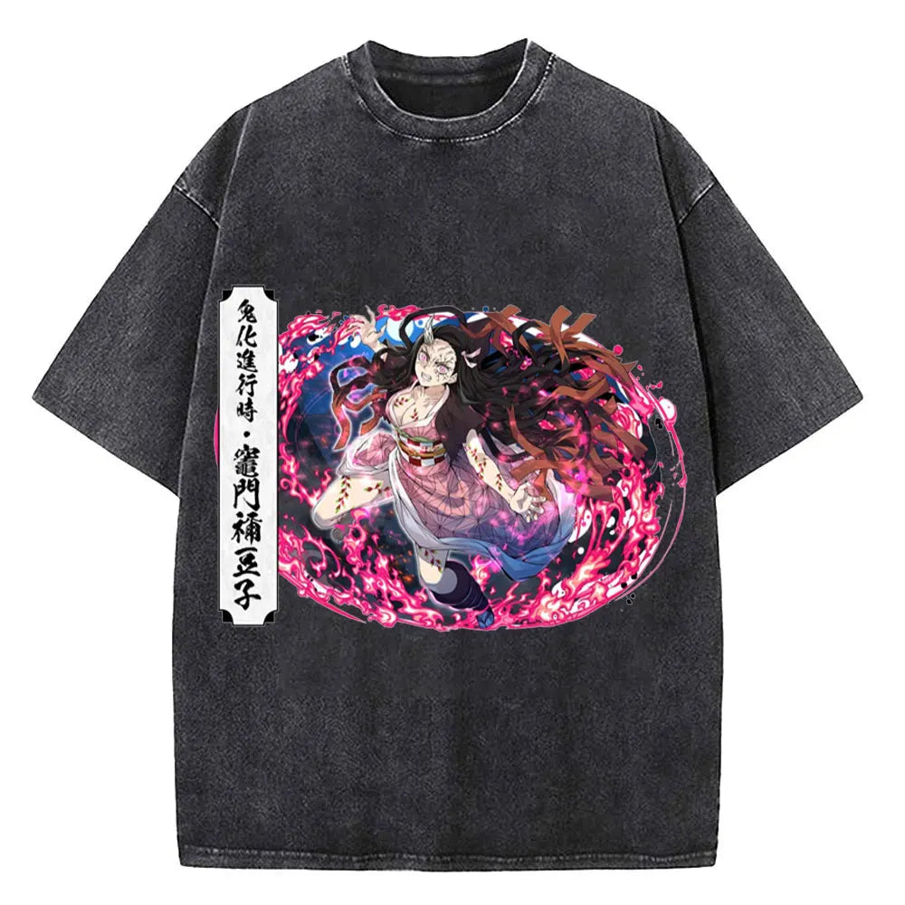 Hot Anime Demon Slayer Kokushibo Graphic T-Shirt Men Women Manga Tshirts Washed Cotton T Shirt Harajuku Unisex Vintage Top Tees