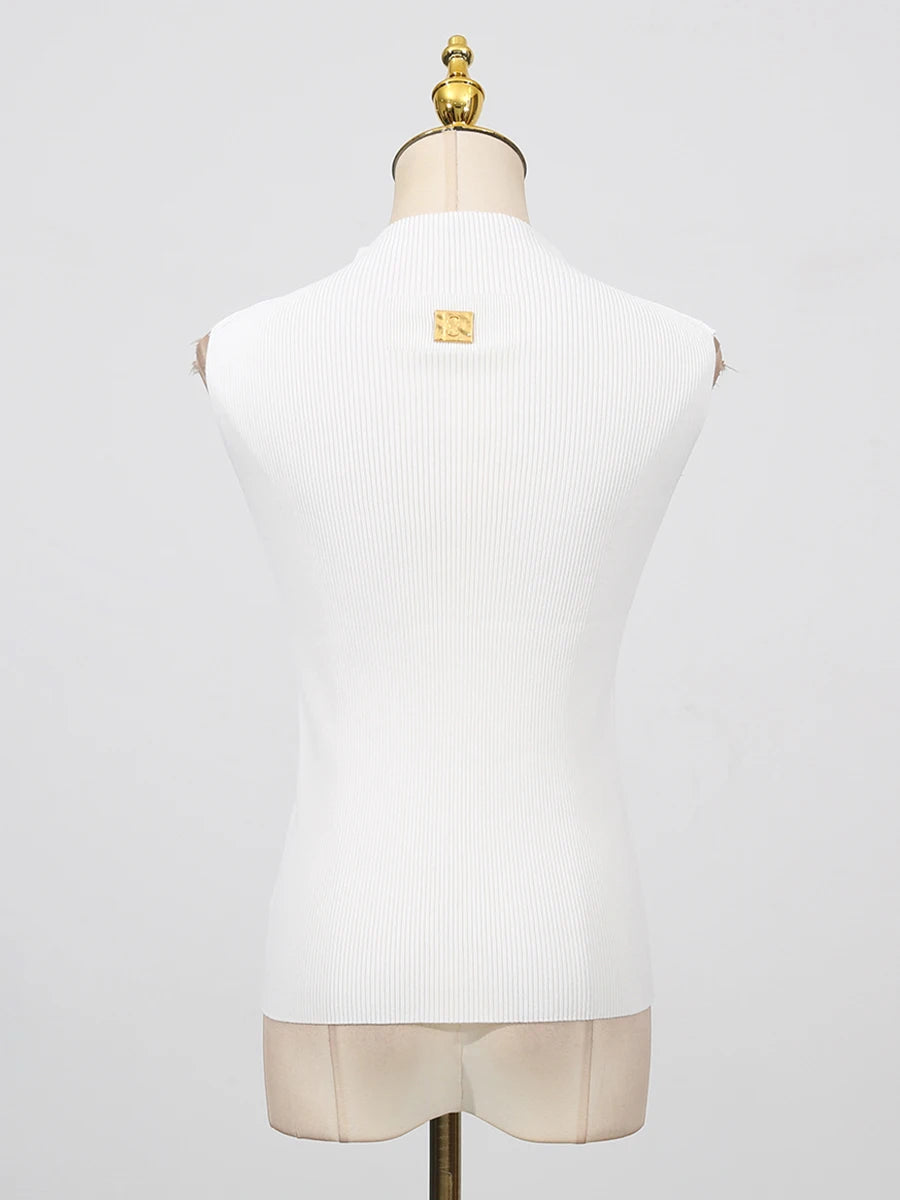 VGH American Casual Spliced Hollow Out Vest for Women Stand Collar Sleeveless Slimming Minimalist Tank Top Female Clothing New