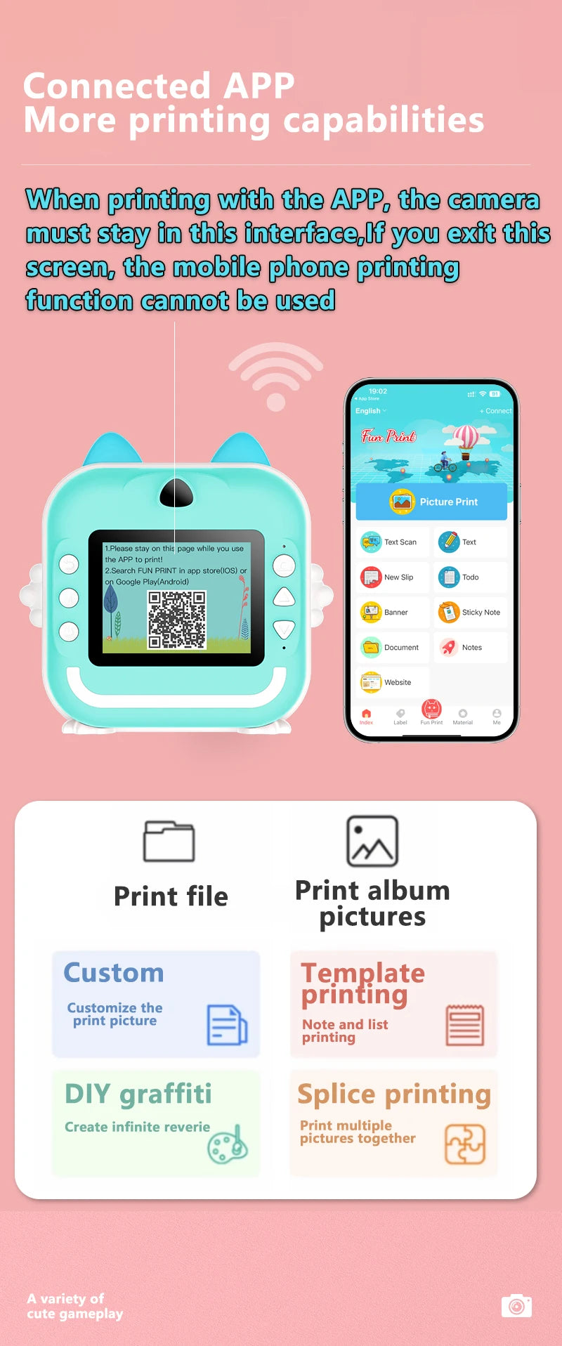 Print Camera for Kids Bluetooth Wireless Inkless Instant Print Connected APP Take Photo Video Record Camera Boys Girls Gift Toys