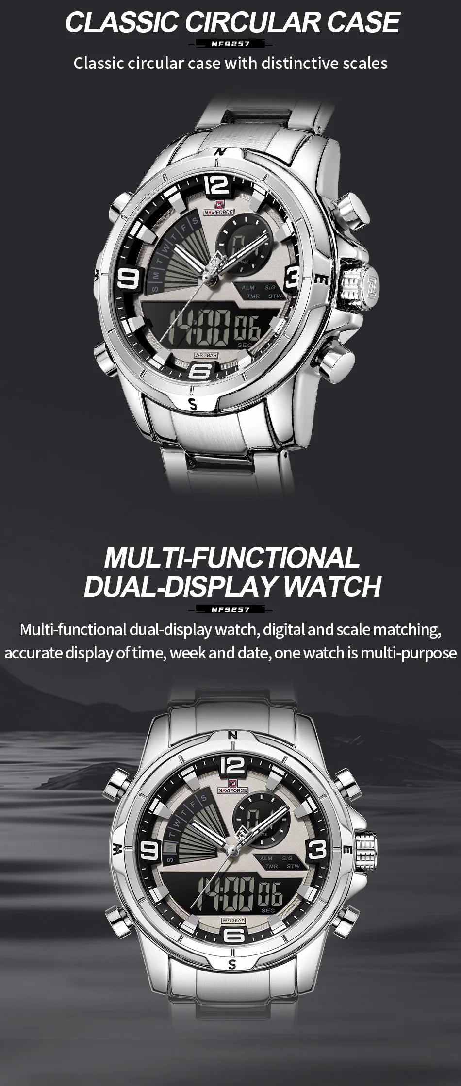 NAVIFORCE Men's Watch 3ATM Waterproof Multifunctional Dual Display with Date Stainless Steel Strap Luxury Business Wristatch