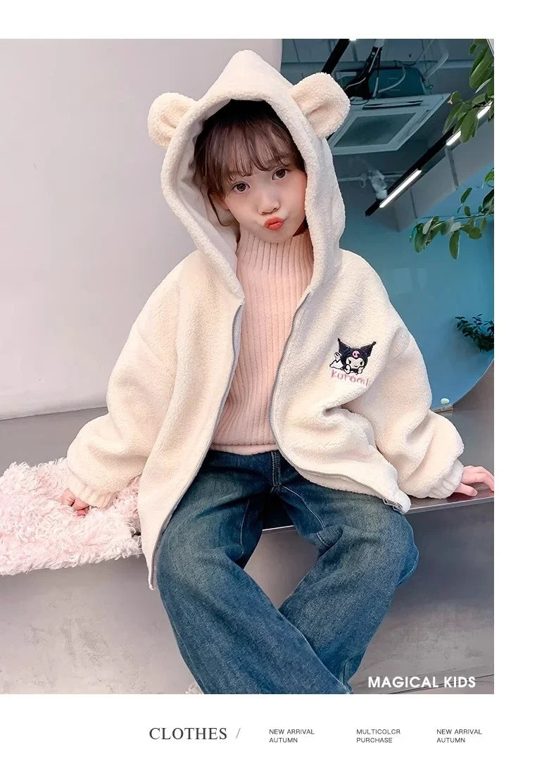 Winter 2025 New Cartoon Sanrio Kuromi Girls' Velvet Jacket Plus Velvet Children'S Polar Fleece Hooded Clothes Girls Winter Cloth