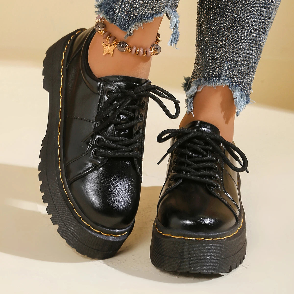 Thick Bottom Women's Low Top Soft Leather Round Toe Casual Student Lolita Flat Shoes Women Platforms Zapatos De Mujer