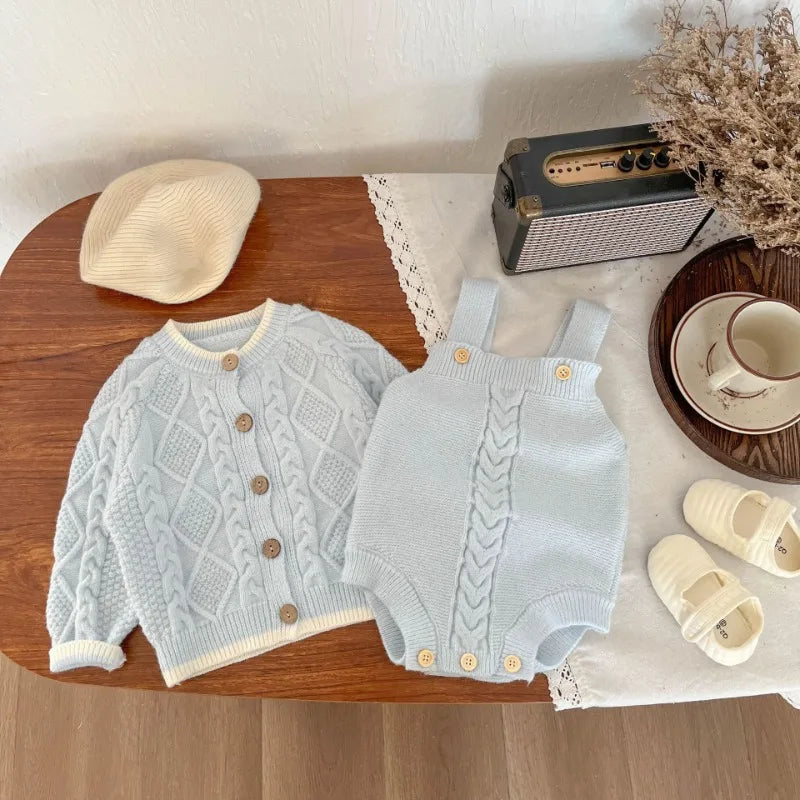 Unisex Baby Girl Clothes Set Spring Autumn Knitted Romper with Cardigan Infant Boy Jumpsuit Outfit Newborn Soft Suspender Suit