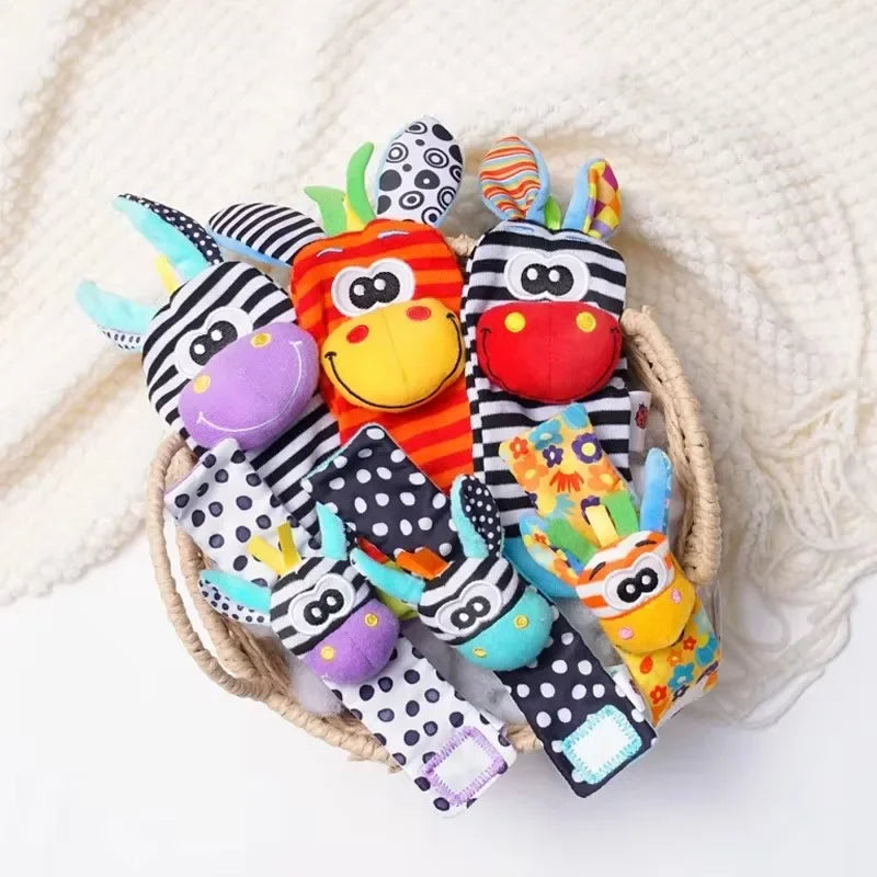 Baby Rattles Socks Toys 0 12 Months Newborn Infant Cartoon Plush Socks Wrist Strap Foot Finder and Wrist Rattles Toys for Babies