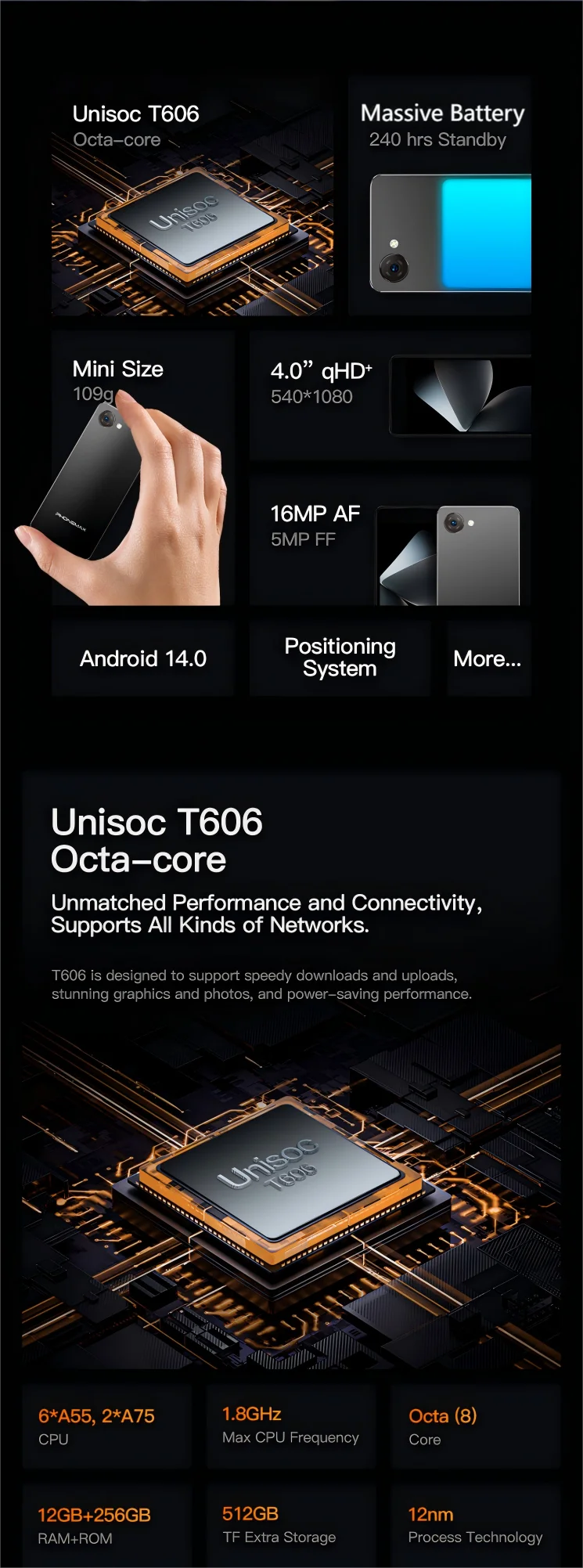UNIWA 4G Phonemax Q9 Mini Phone 4.0Inch IPS Touch Screen Small Cell Phone Android 14 Small Smart Mobile Face ID 2000mAh Battery