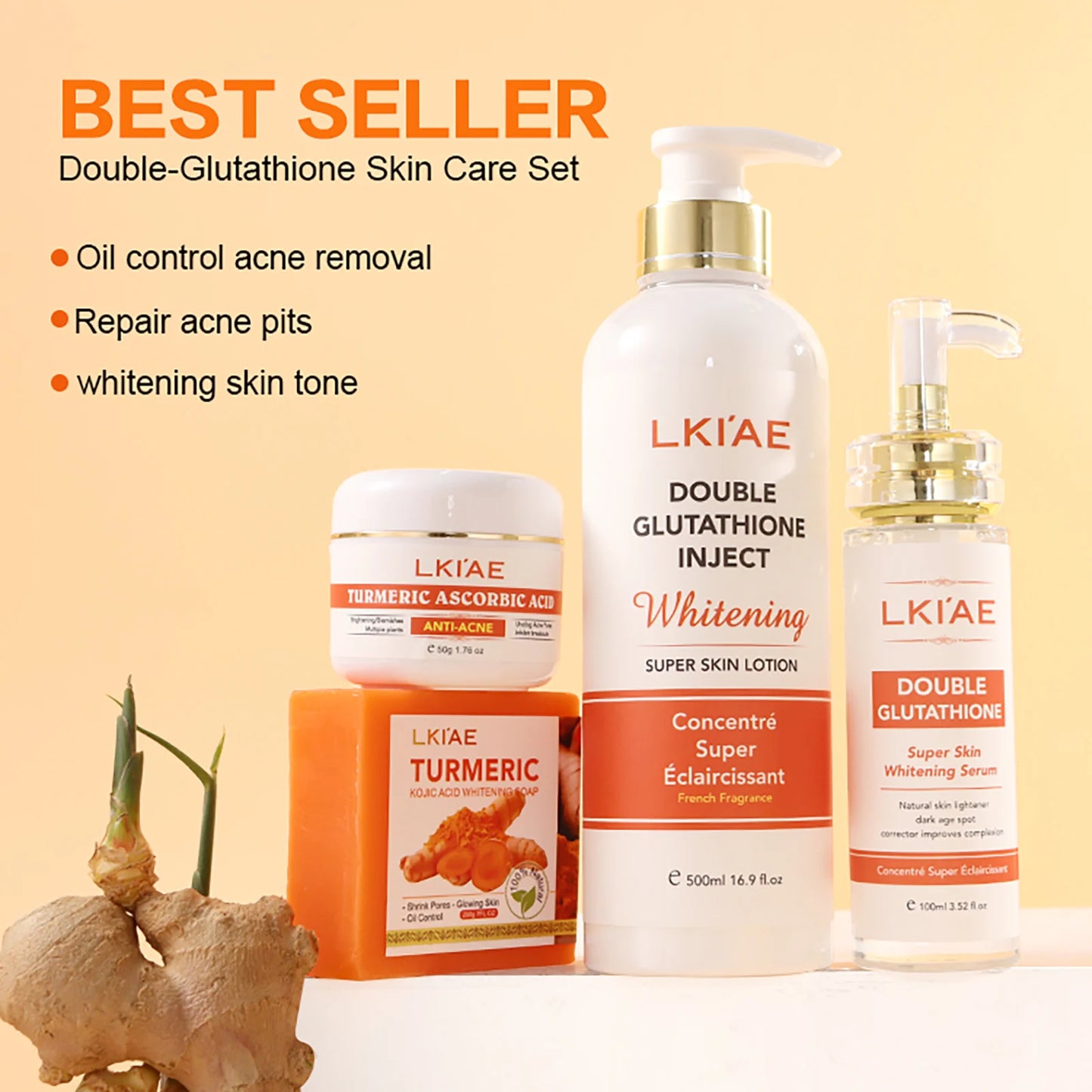 AILKE Whitening and Acne Removal Skin Care Set, With Glutathione, Vitamin C, Aloe Vera, Moisturizes, Evens Skin Tone