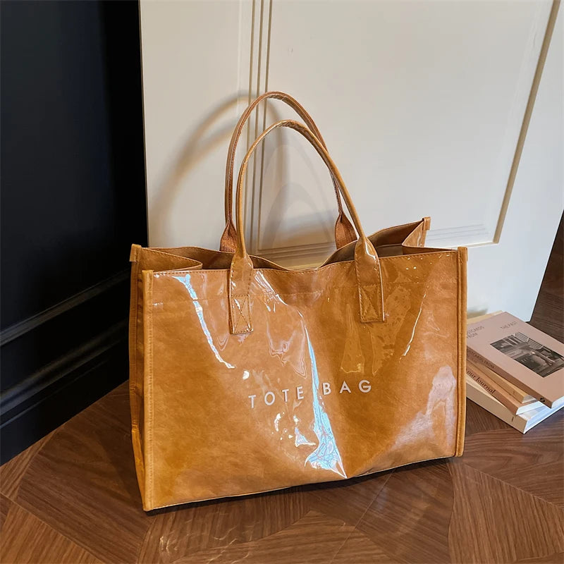 Women's Glossy Leather Tote Bag Letter Print Large Capacity Casual Commuter Shoulder Bag Fashion Daily Shopping Handbag 2026